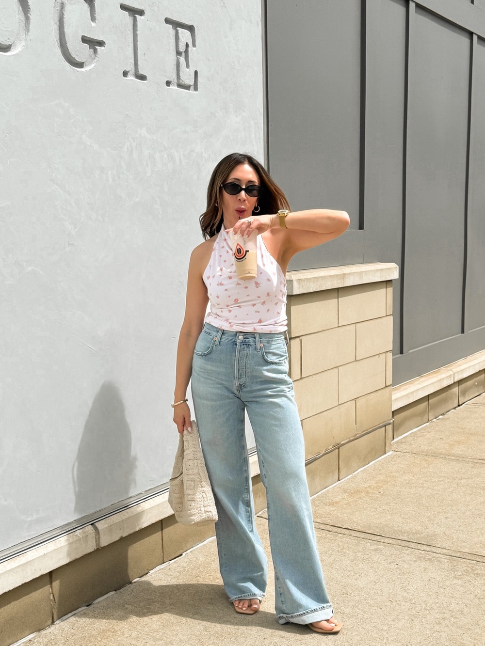 Aritzia Halter Tank with Pink Floral Print